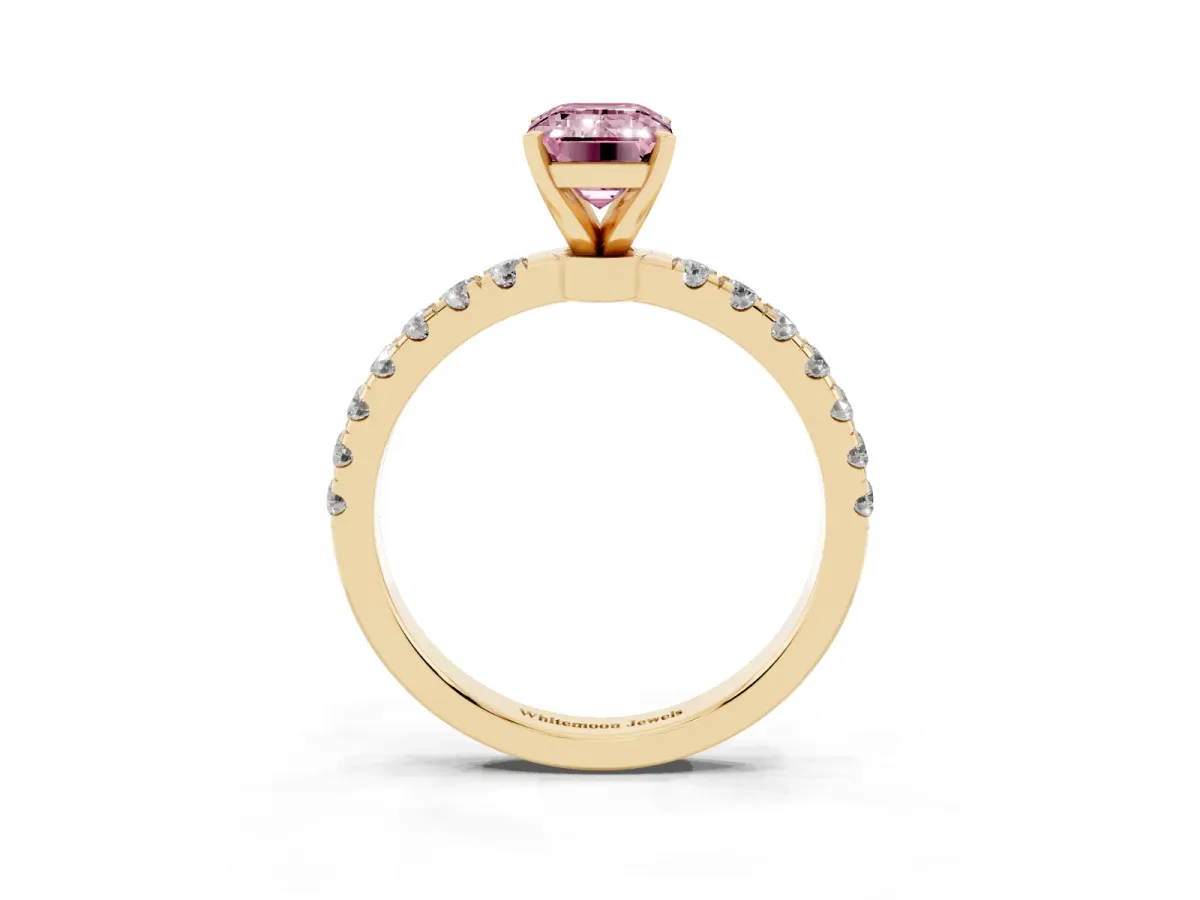 Fancy Pink Emerald Cut Diamond Solitaire Ring with Pavé Accents and Four-Prong Setting Yellow gold