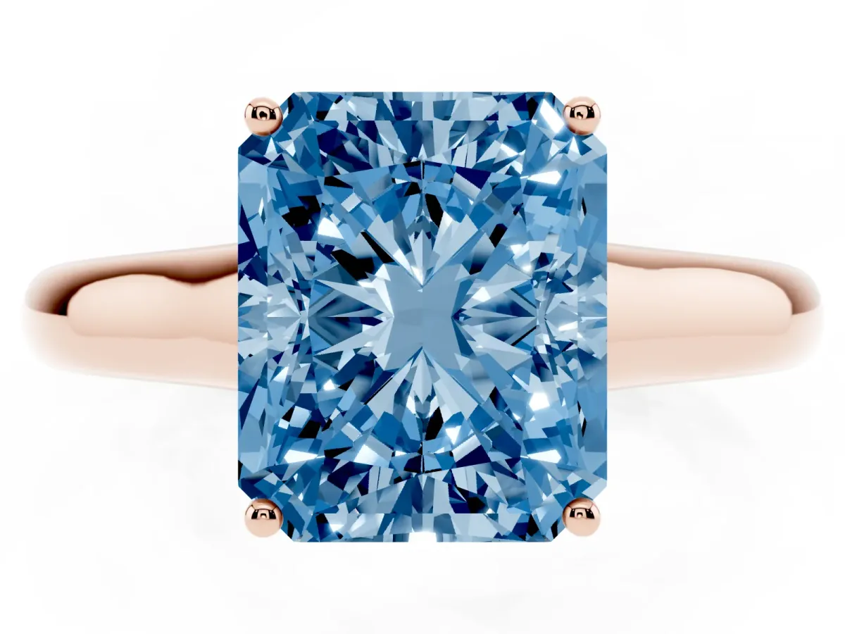 Fancy Blue Radiant Cut Solitaire Engagement Ring with Tapered Band and Four-Prong Setting Rose gold