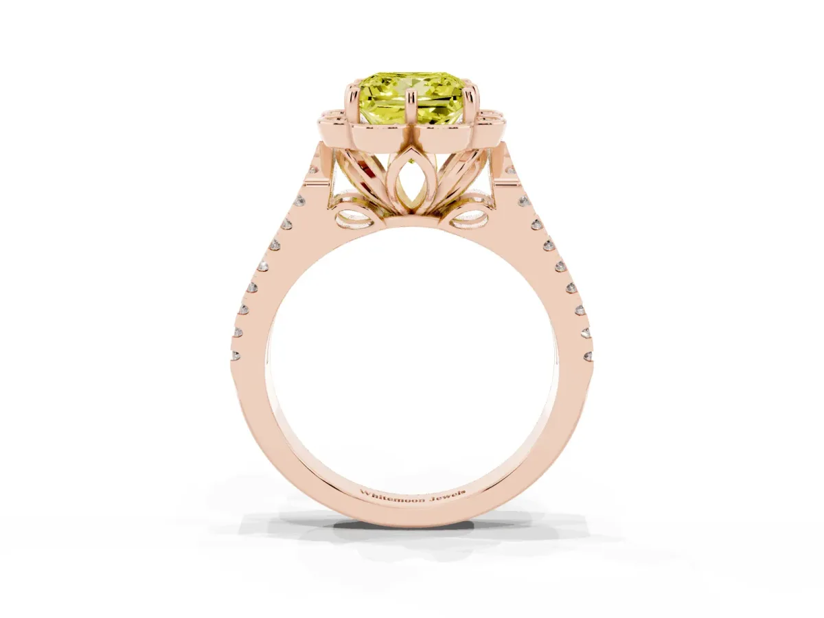 Fancy Yellow Princess Cut Halo Diamond Floral Split Shank Engagement Ring Rose gold
