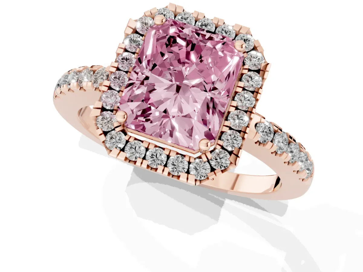 Fancy Pink Radiant Cut Halo Diamond Engagement Ring with Pavé Band and Four-Prong Setting Rose gold