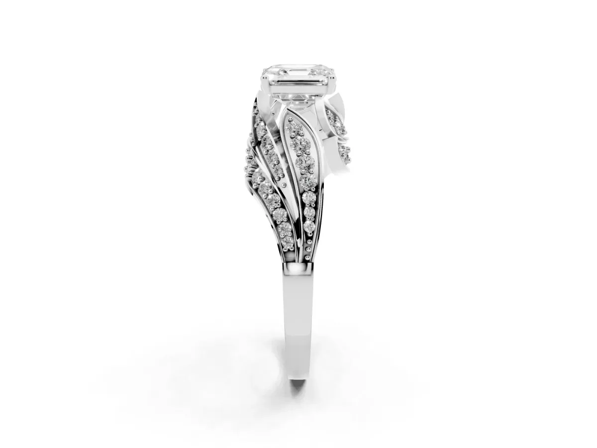Asscher Cut Diamond Solitaire Ring with Prong Setting and Twisted Pavé Band Silver
