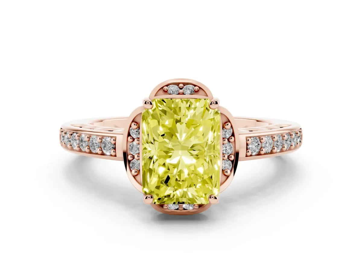 Fancy Yellow Radiant Cut Cut Halo Diamond Ring with Channel Set Band and Four-Prong Setting Rose gold