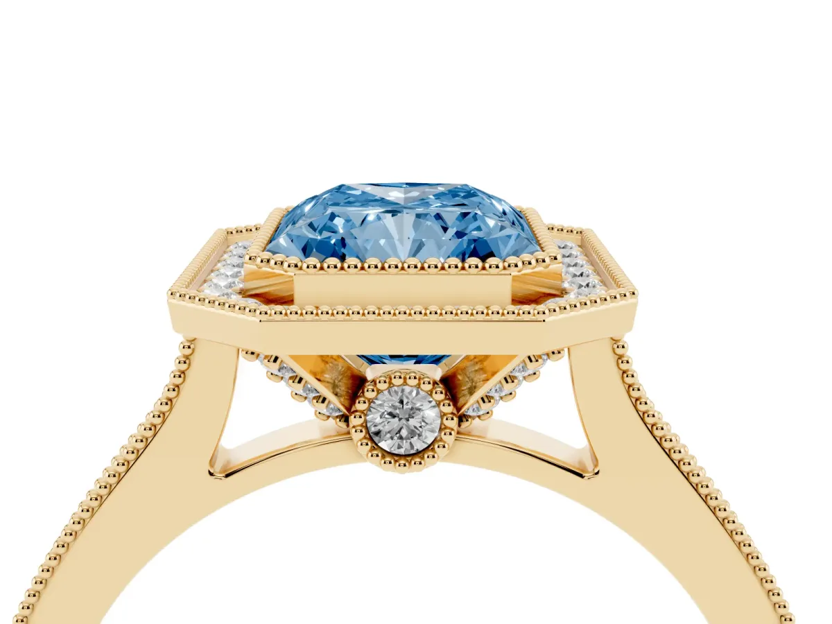 Fancy Blue Halo Radiant Cut-Cut Diamond Pave Band Milgrain Prong Setting Ring Yellow gold