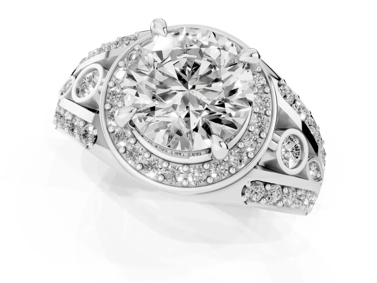Round Cut Diamond Halo Ring with Split Shank and Bezel Accents and Four-Prong Setting Platinum