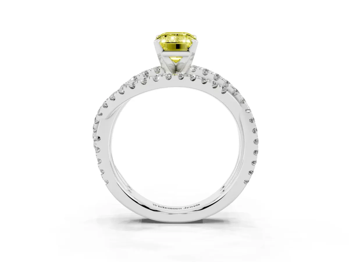 Fancy Yellow Emerald Cut Solitaire Twist Band with Pavé Setting and Four-Prong Setting Silver