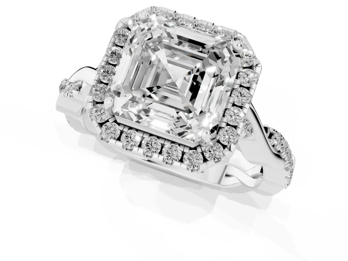 Asscher Cut Halo Twist Band Solitaire Ring Silver