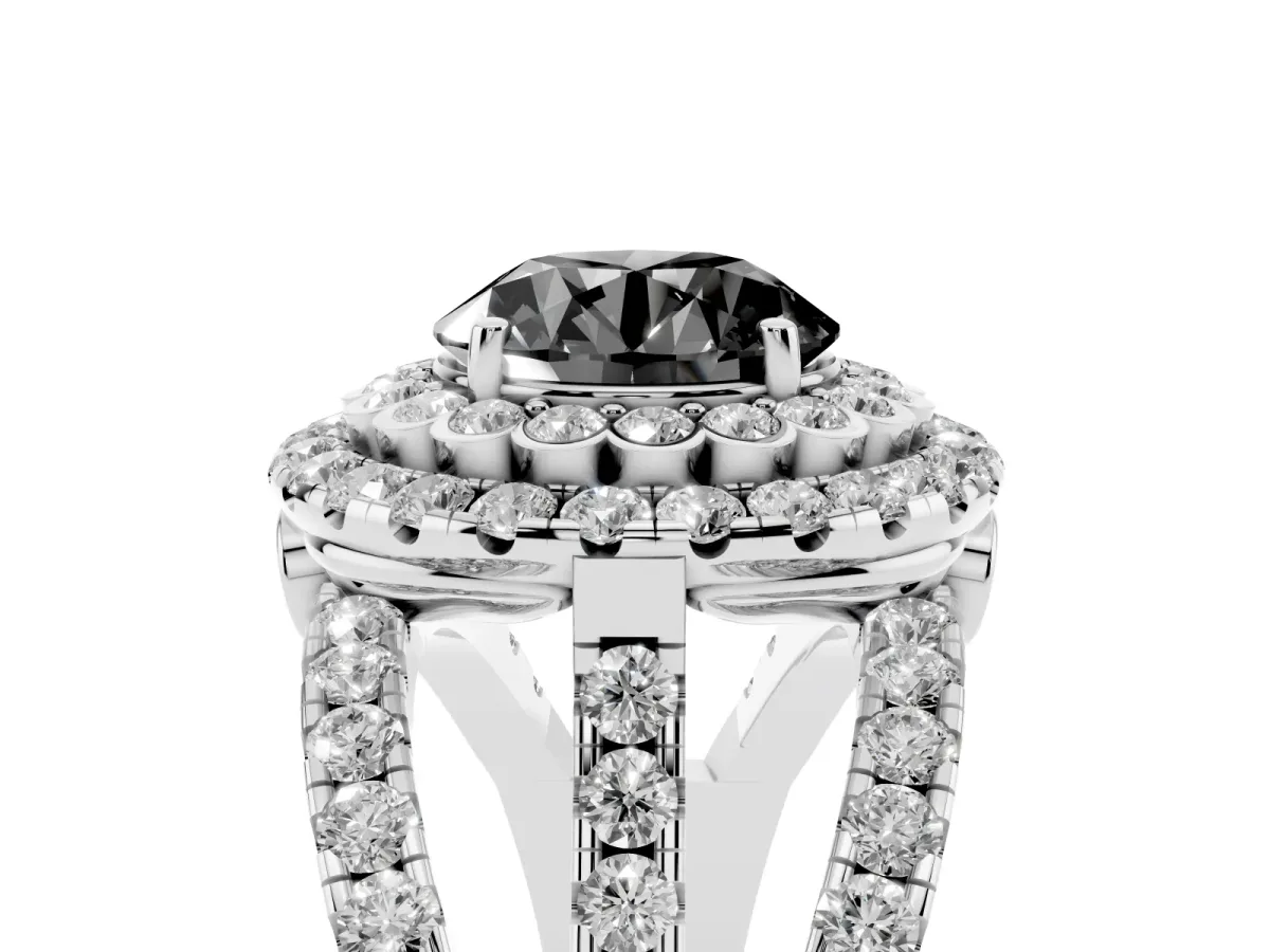 Fancy Black Round Cut Diamond Double Halo Ring with Round Pavé Split Shank and Prong Setting Silver