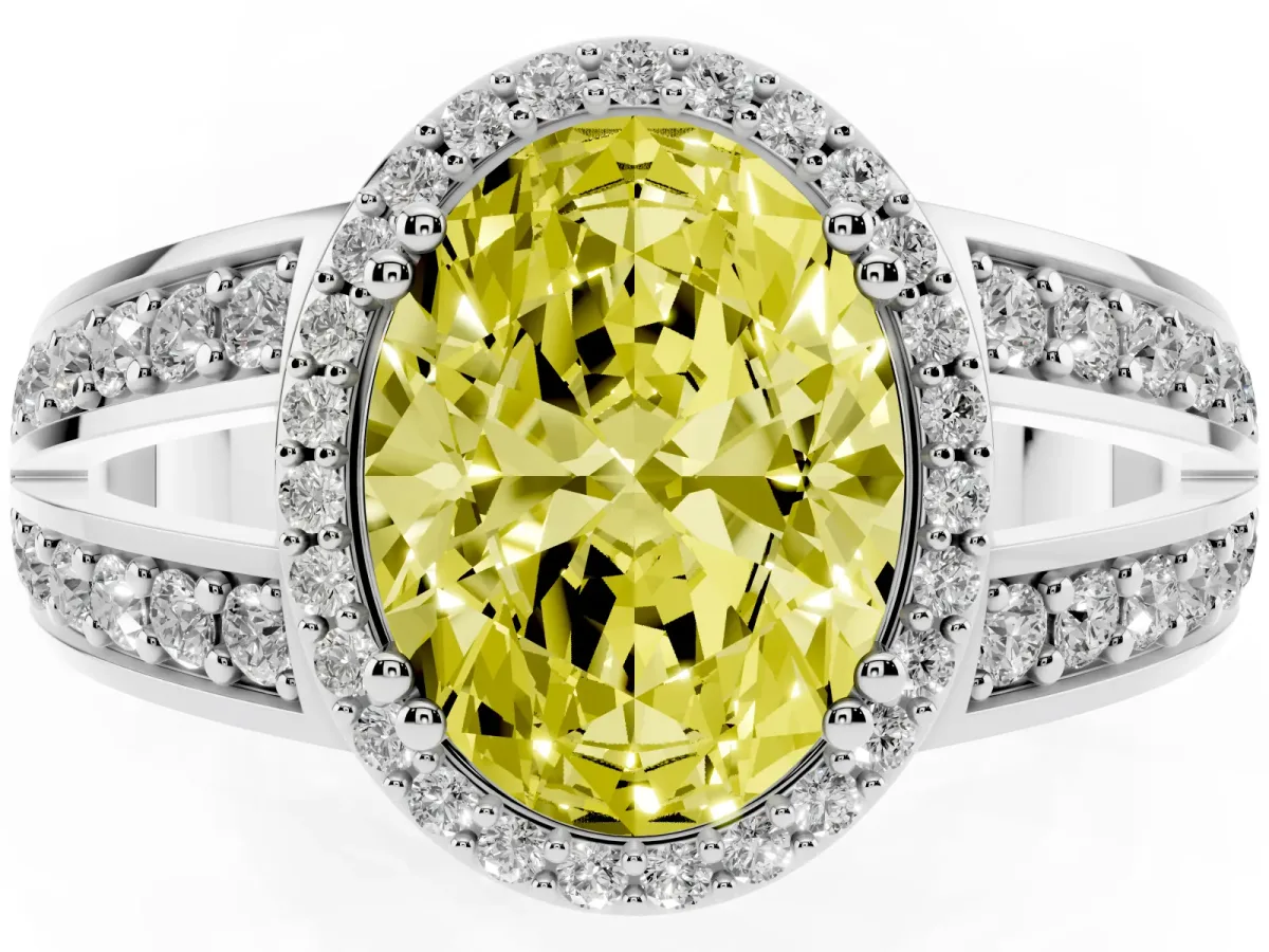 Fancy Yellow Oval Cut Diamond Halo Ring with Split Shank Pavé Band and Four-Prong Setting Platinum