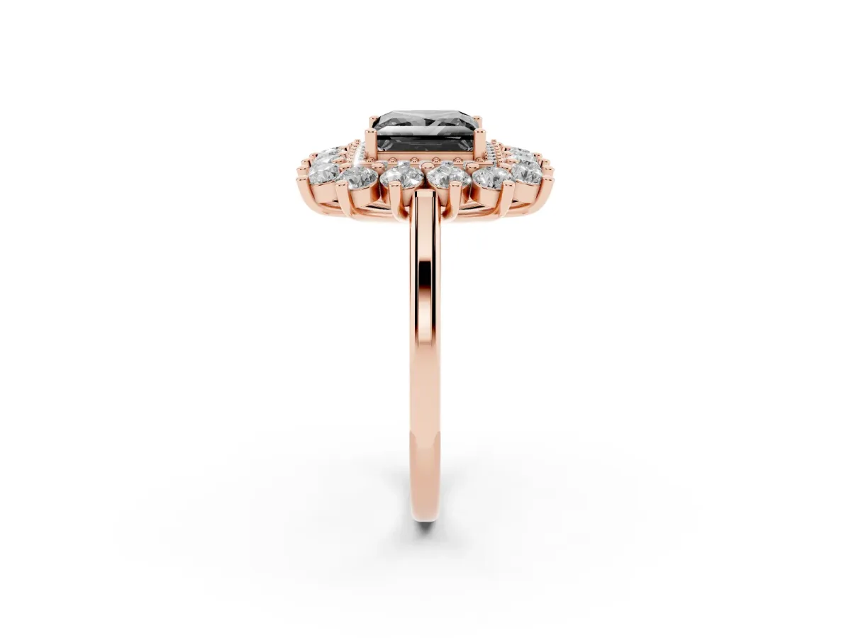 Fancy Black Princess Cut Diamond Floral Double Halo Engagement Ring with Prong Setting Rose gold