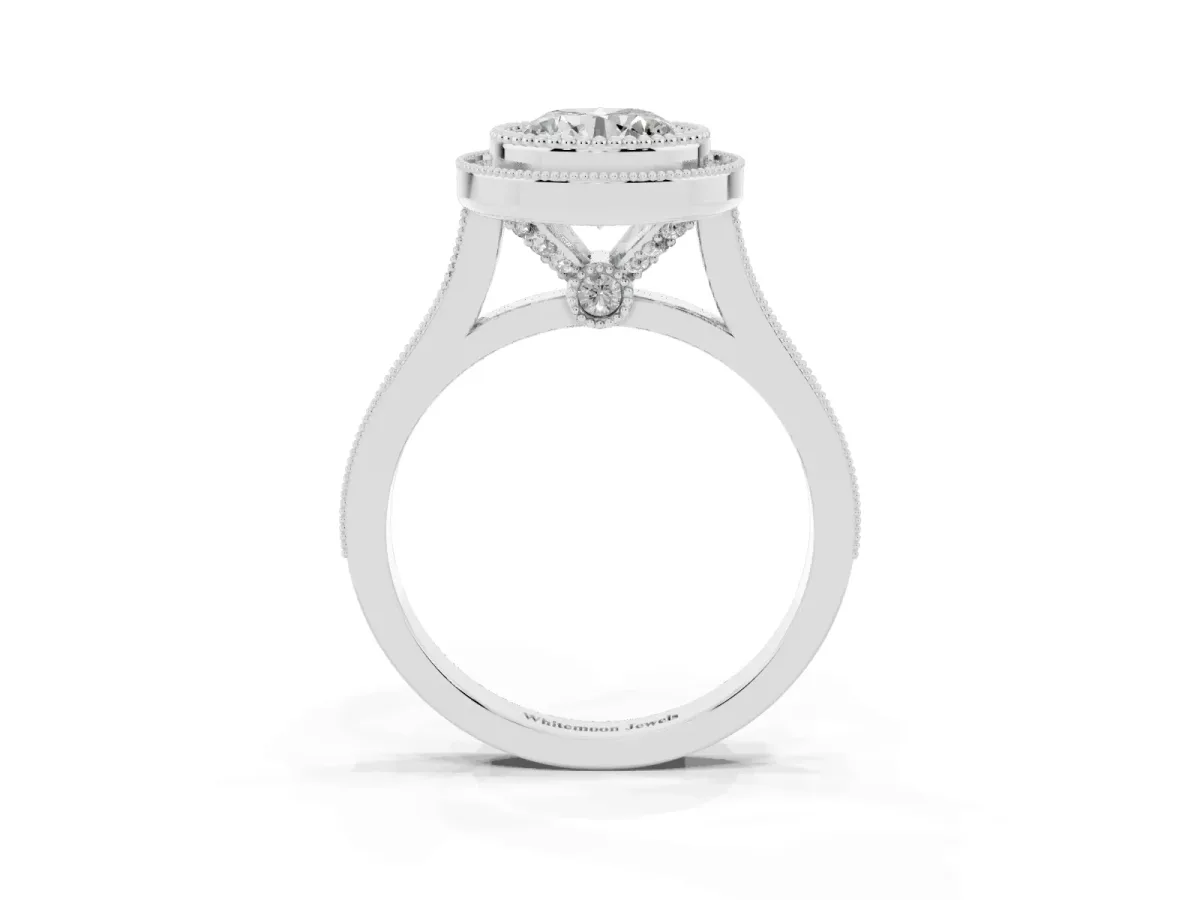 Round Cut Diamond Halo Ring with Milgrain Frame and Pavé Band Silver