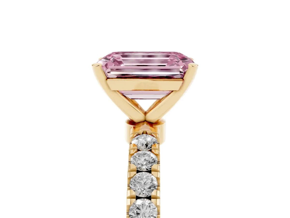 Fancy Pink Emerald Cut Diamond Solitaire Ring with Pavé Accents and Four-Prong Setting Yellow gold