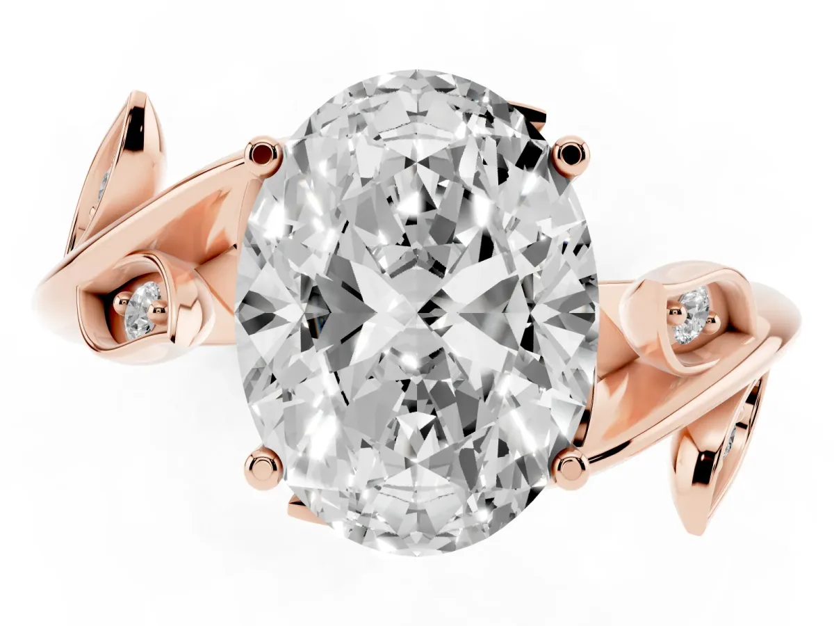 Oval Cut Solitaire Twist Engagement Ring with Leaf Accents and Prong Setting Rose gold