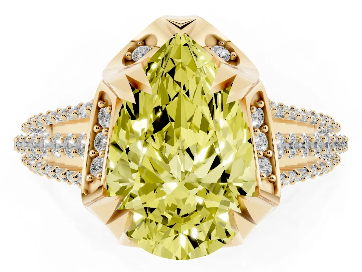 Fancy Yellow Pear Cut Solitaire Pave Split Shank Ring with Four-Prong Setting Yellow gold