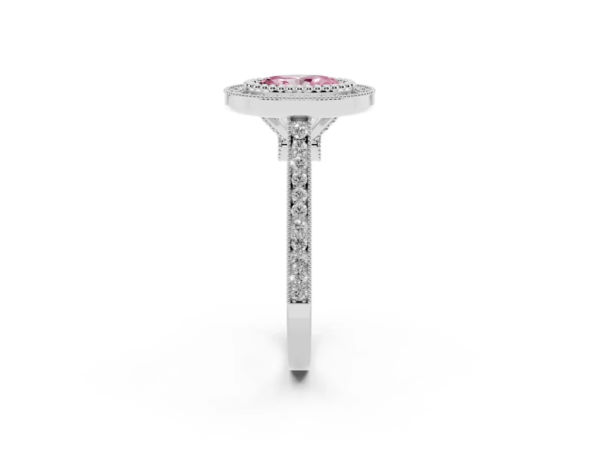 Fancy Pink Oval Cut Diamond Halo Ring with Milgrain Frame and Pavé Band Silver