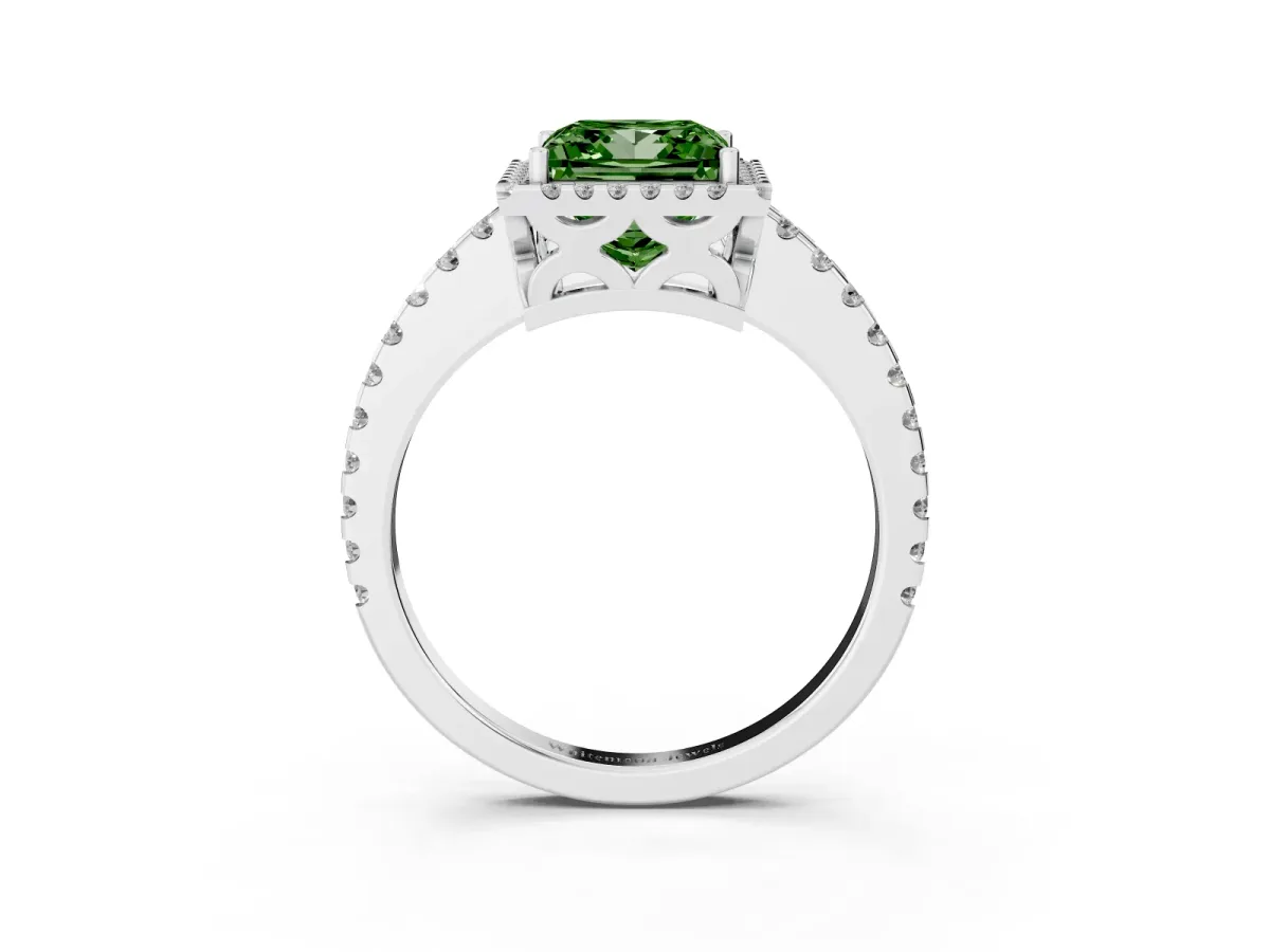 Fancy Green Princess Cut Diamond Halo Engagement Ring with Pavé Band and Prong Setting White gold