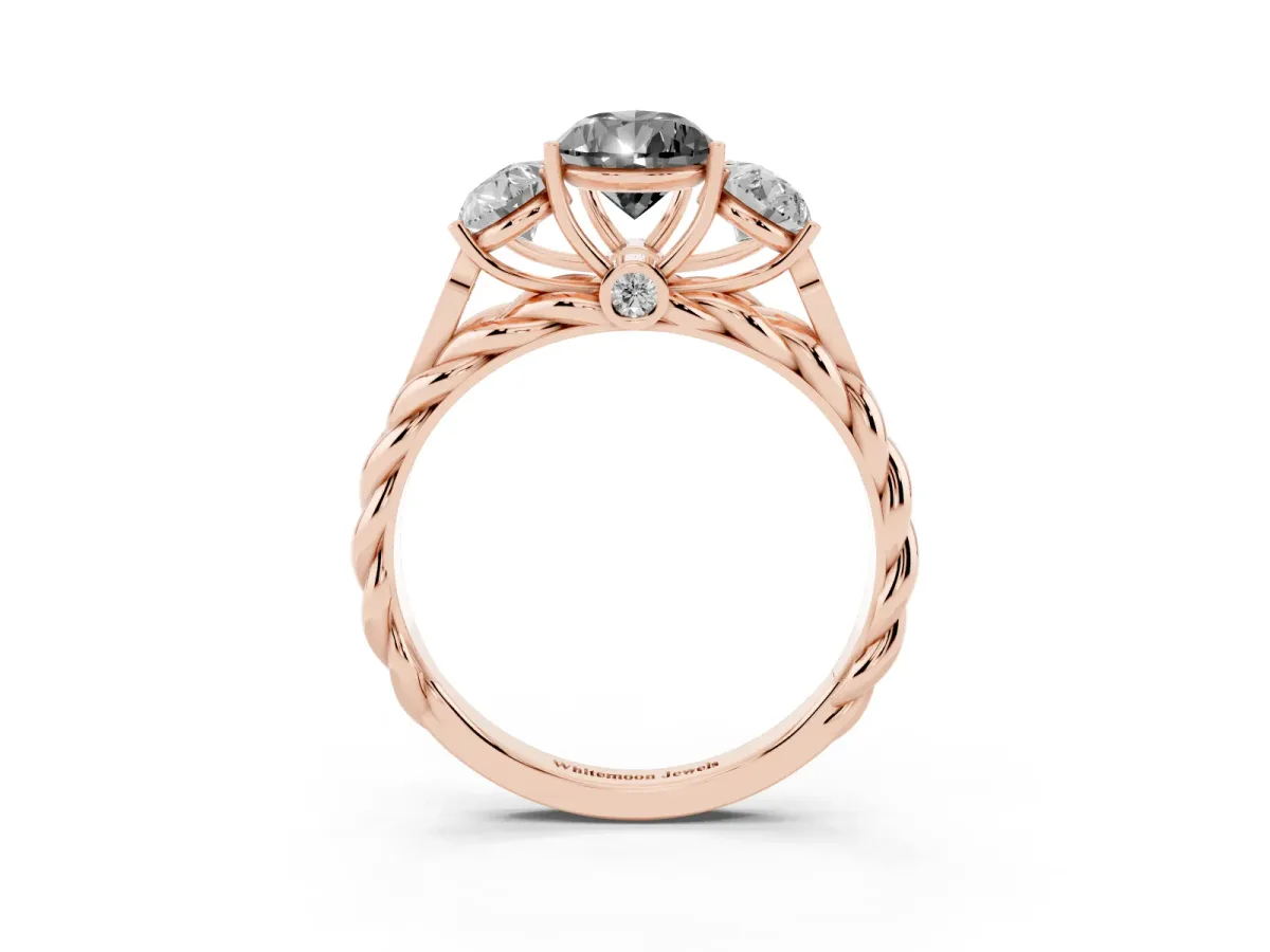 Fancy Black Three-Stone Pear Cut Diamond Braided Band Ring with Four-Prong Setting Rose gold