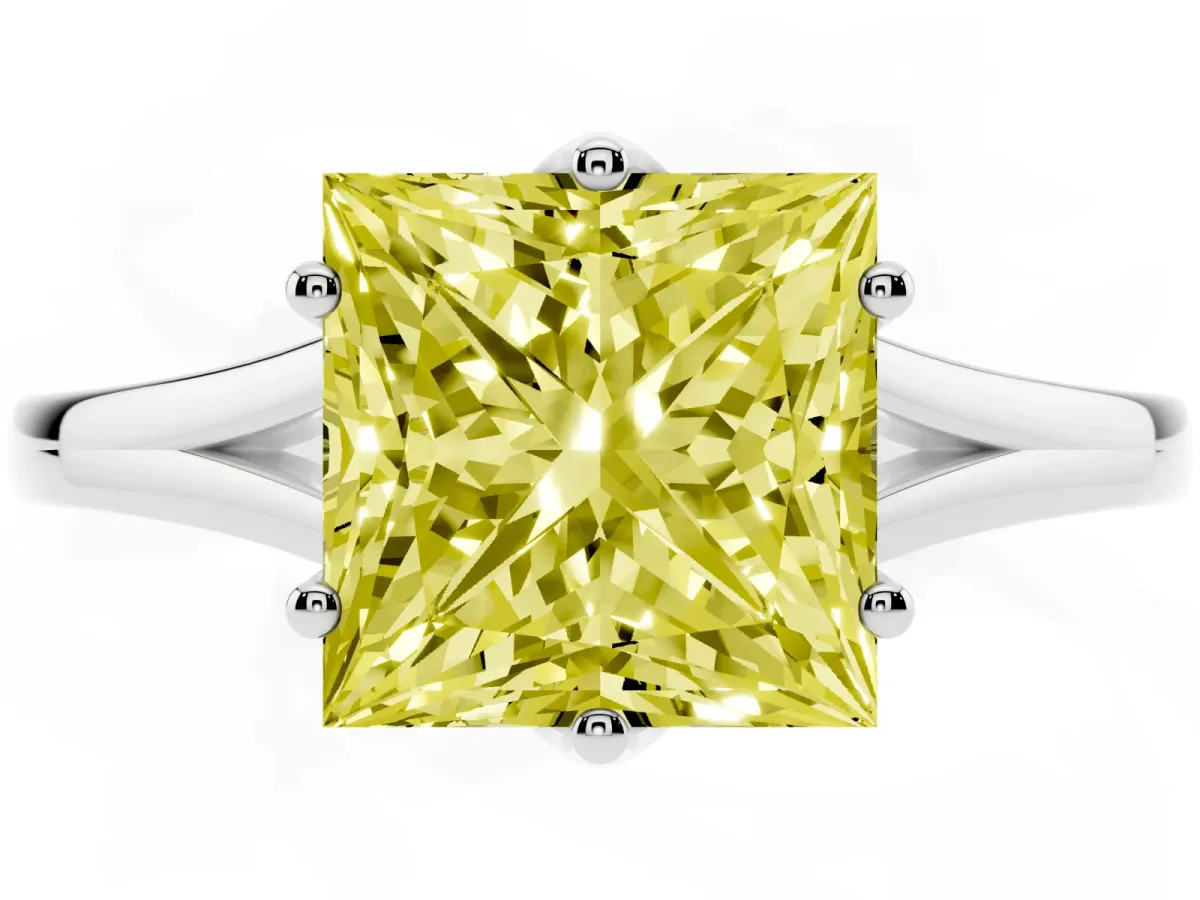 Fancy Yellow Princess Cut Solitaire Diamond Ring with Six-Prong Setting and Tapered Band White gold