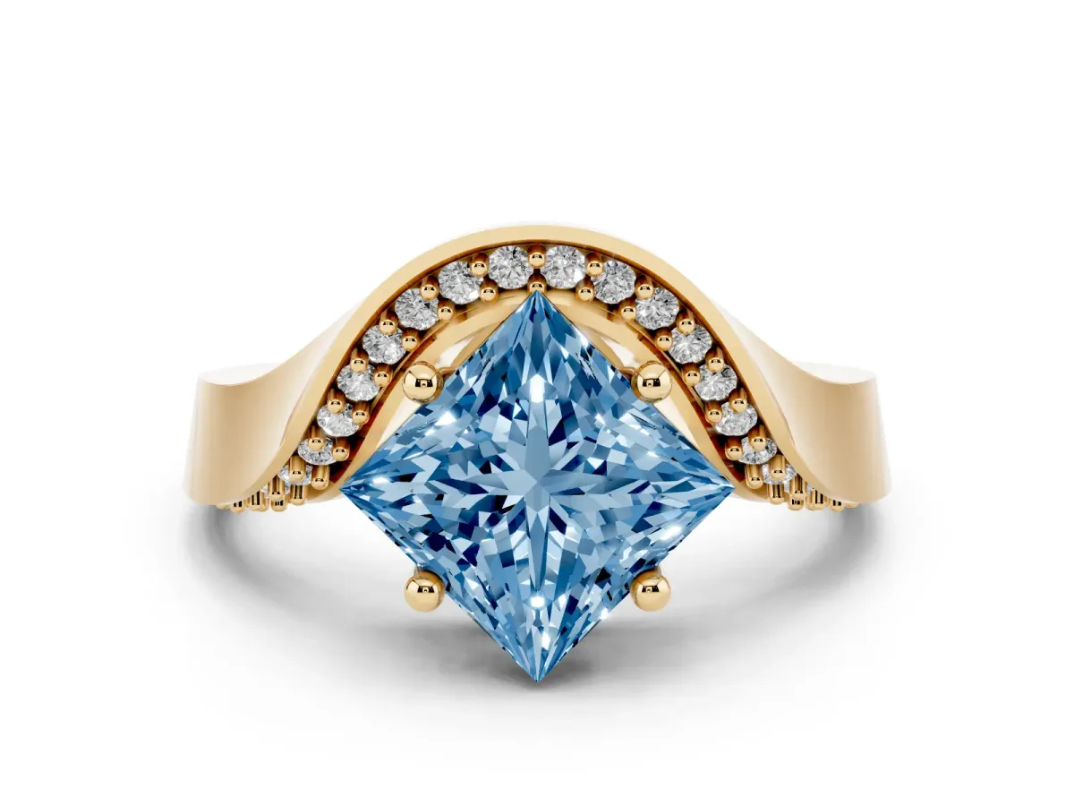 Fancy Blue Princess Cut Solitaire Diamond Engagement Ring with Pave Band and Four-Prong Setting Yellow gold