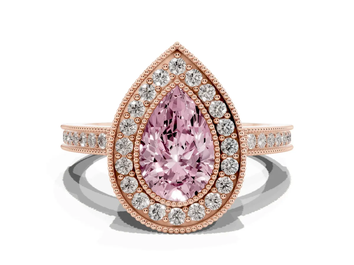 Fancy Pink Pear Cut Cut Halo Diamond Ring with Pavé Band and Milgrain Prong Setting Rose gold