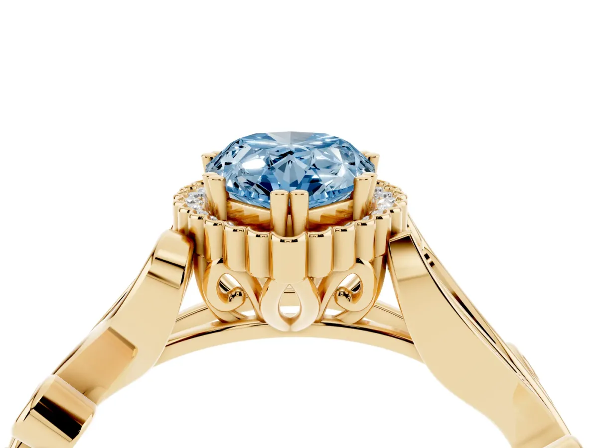 Fancy Blue Pear Cut Diamond Halo Ring with Vintage Split Shank and Four-Prong Setting Yellow gold