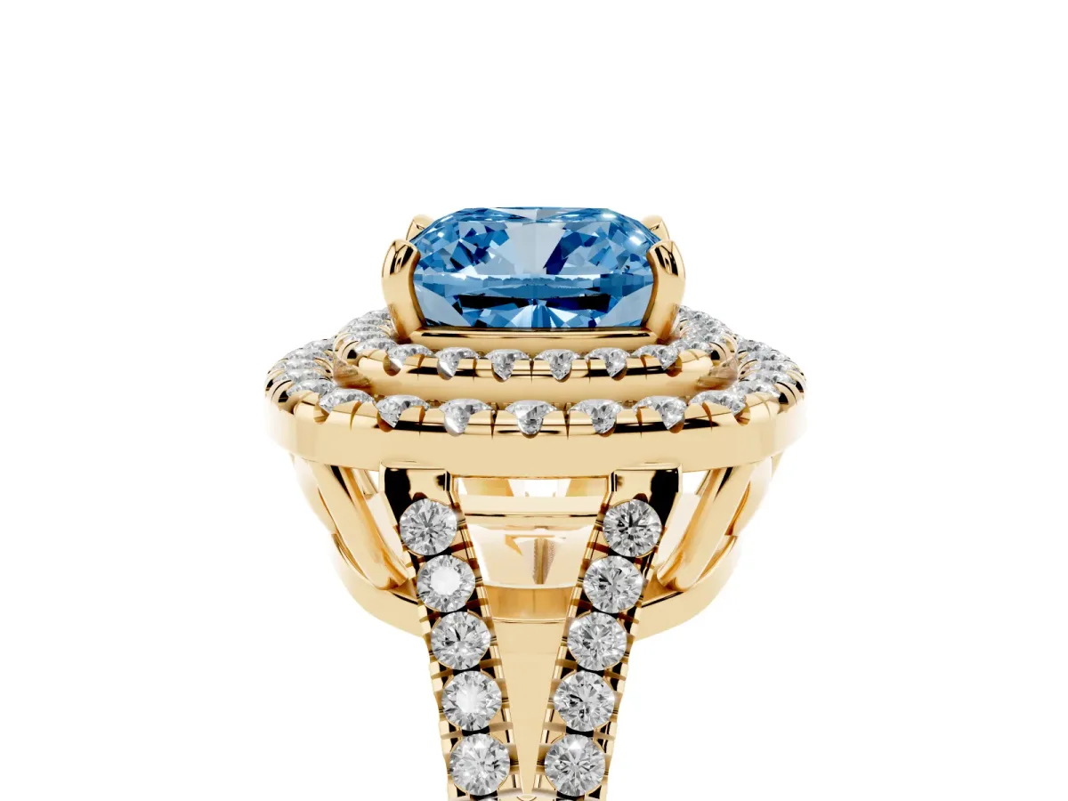 Fancy Blue Cushion Cut Diamond Double Halo Ring with Pavé Band and Prong Setting Yellow gold