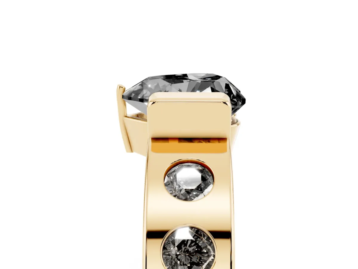 Fancy Black Heart Cut Brilliant Channel-Set Diamond Ring with Bezel Prong Setting Yellow gold