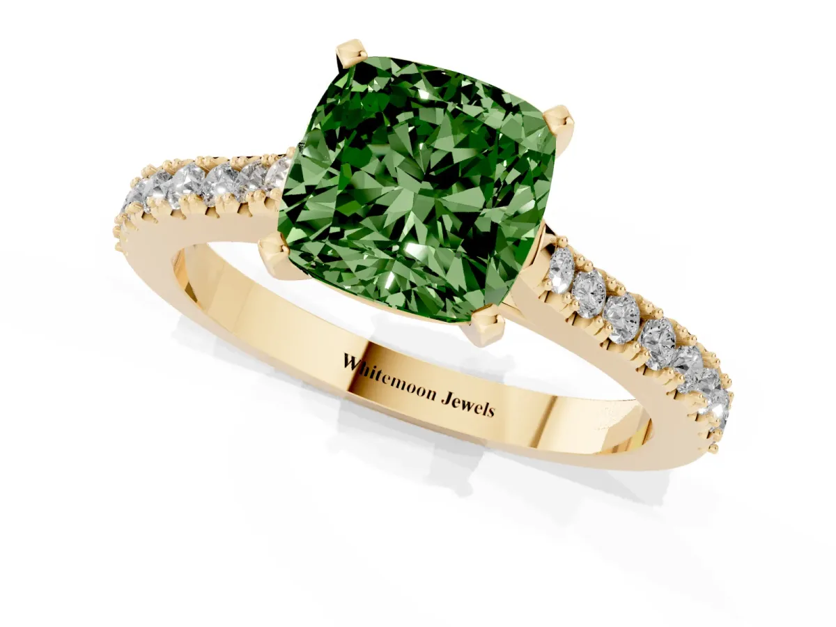 Fancy Green Cushion Cut Cut Solitaire Diamond Engagement Ring with Pave Band and Four-Prong Setting Yellow gold