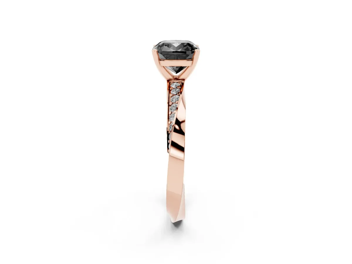 Fancy Black Cushion Cut Diamond Engagement Ring with Side Stone Accents and Four-Prong Setting Rose gold