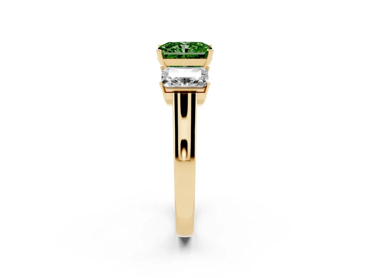 Fancy Green Three-Stone Radiant Cut Brilliant Diamond Trellis Ring with Comfort Fit Band Yellow gold