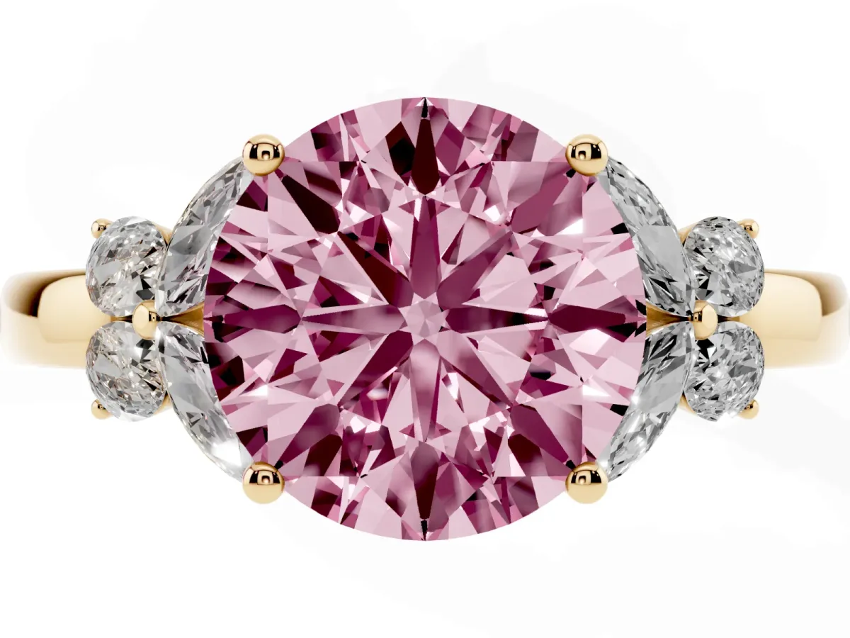 Fancy Pink Round Cut Cut Solitaire Floral Diamond Ring with Four-Prong Setting Yellow gold