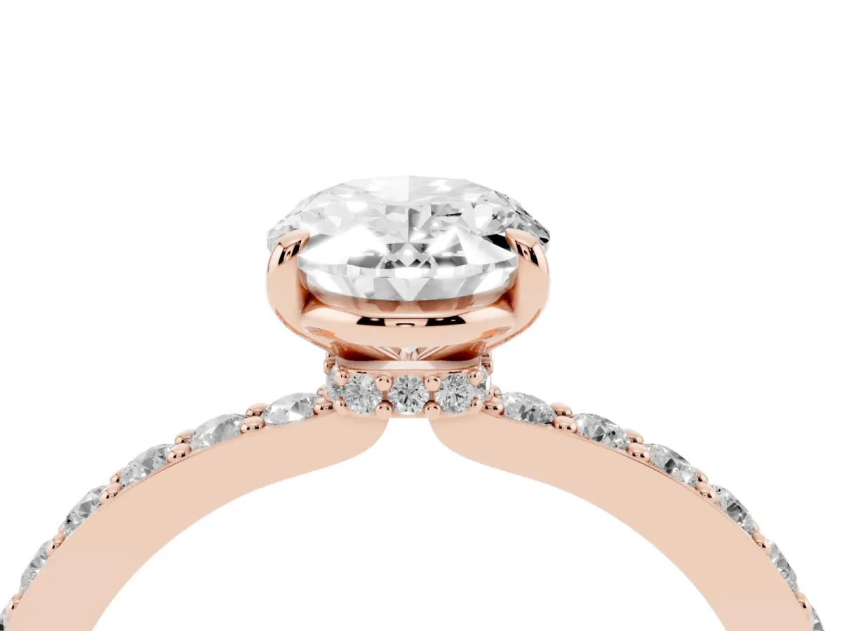 Oval Cut Diamond Pavé Engagement Ring with Round Accents and Prong Setting Rose gold
