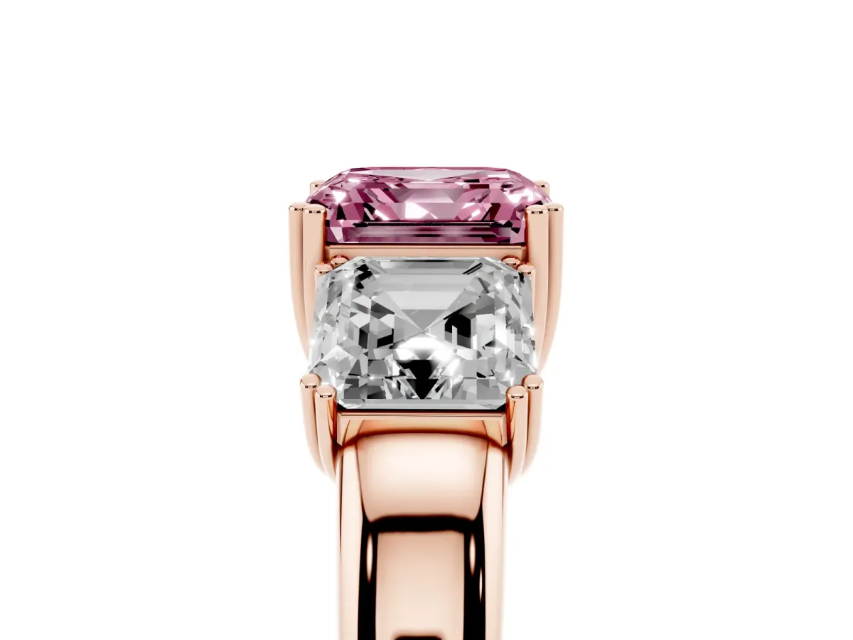 Fancy Pink Three-Stone Asscher Cut Cut Diamond Ring with Channel Set Band and Four-Prong Setting Rose gold