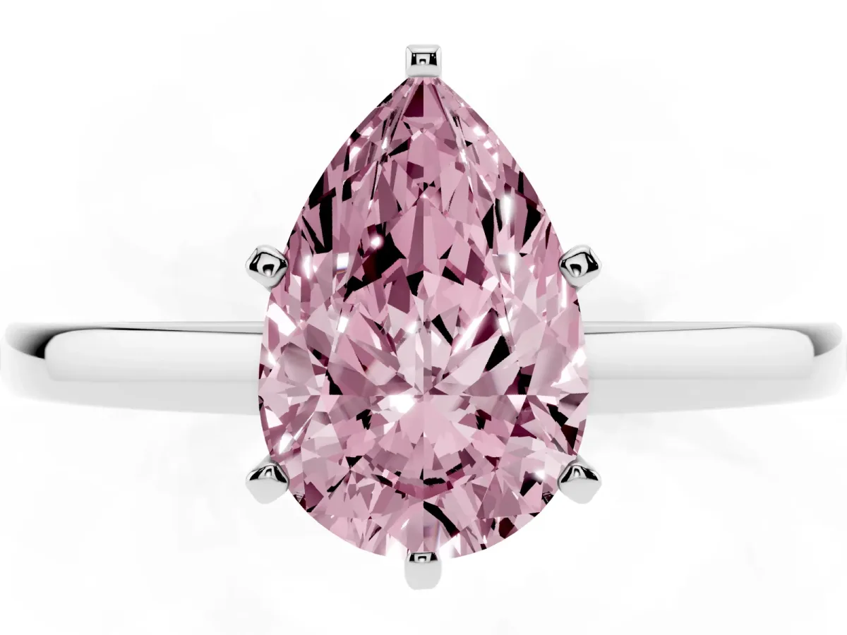 Fancy Pink Pear Cut Solitaire Diamond Engagement Ring with Four-Prong Setting on a Classic Band Platinum
