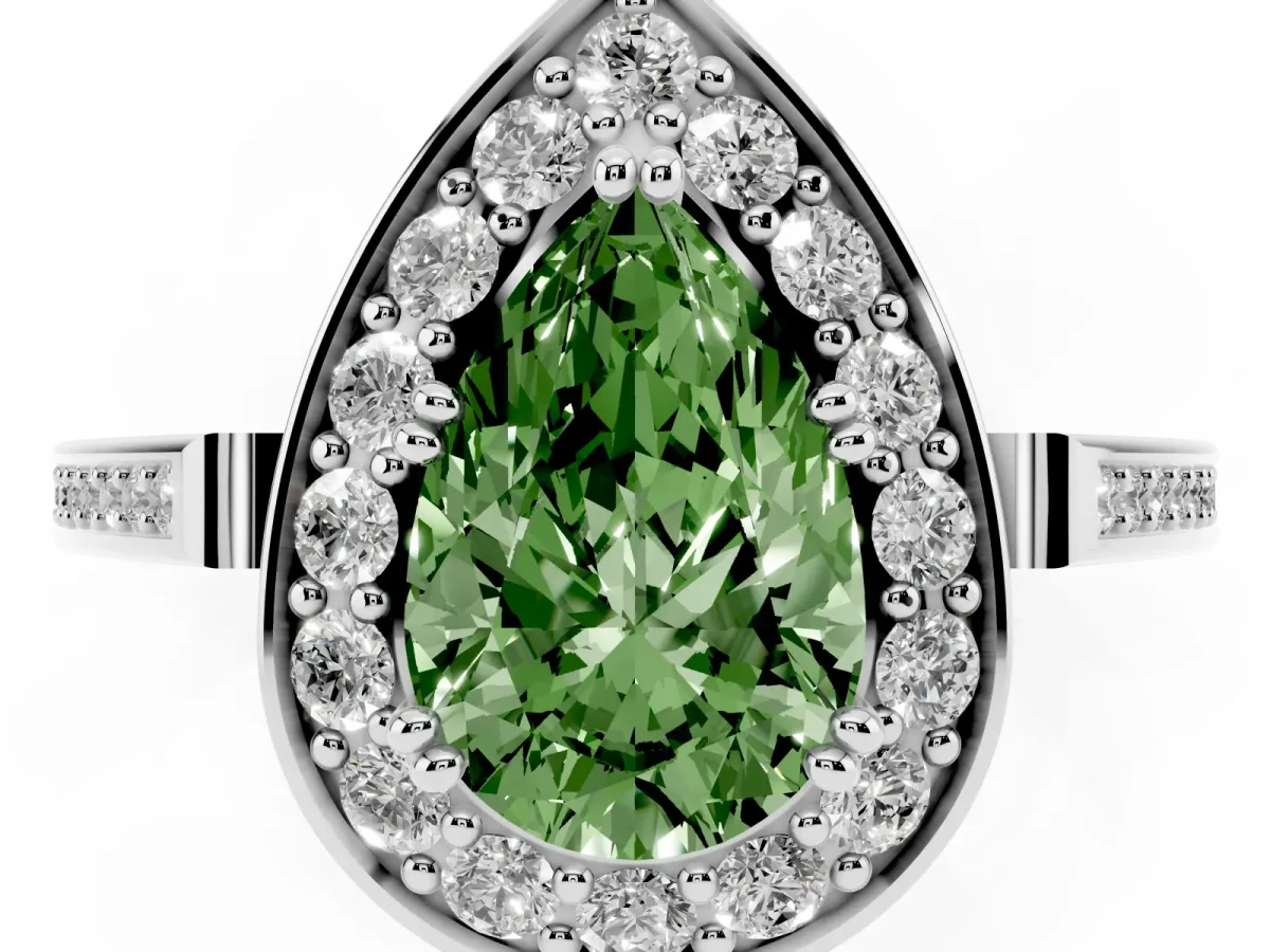 Fancy Green Pear Cut Diamond Halo Ring with Split Shank and Four-Prong Setting Silver