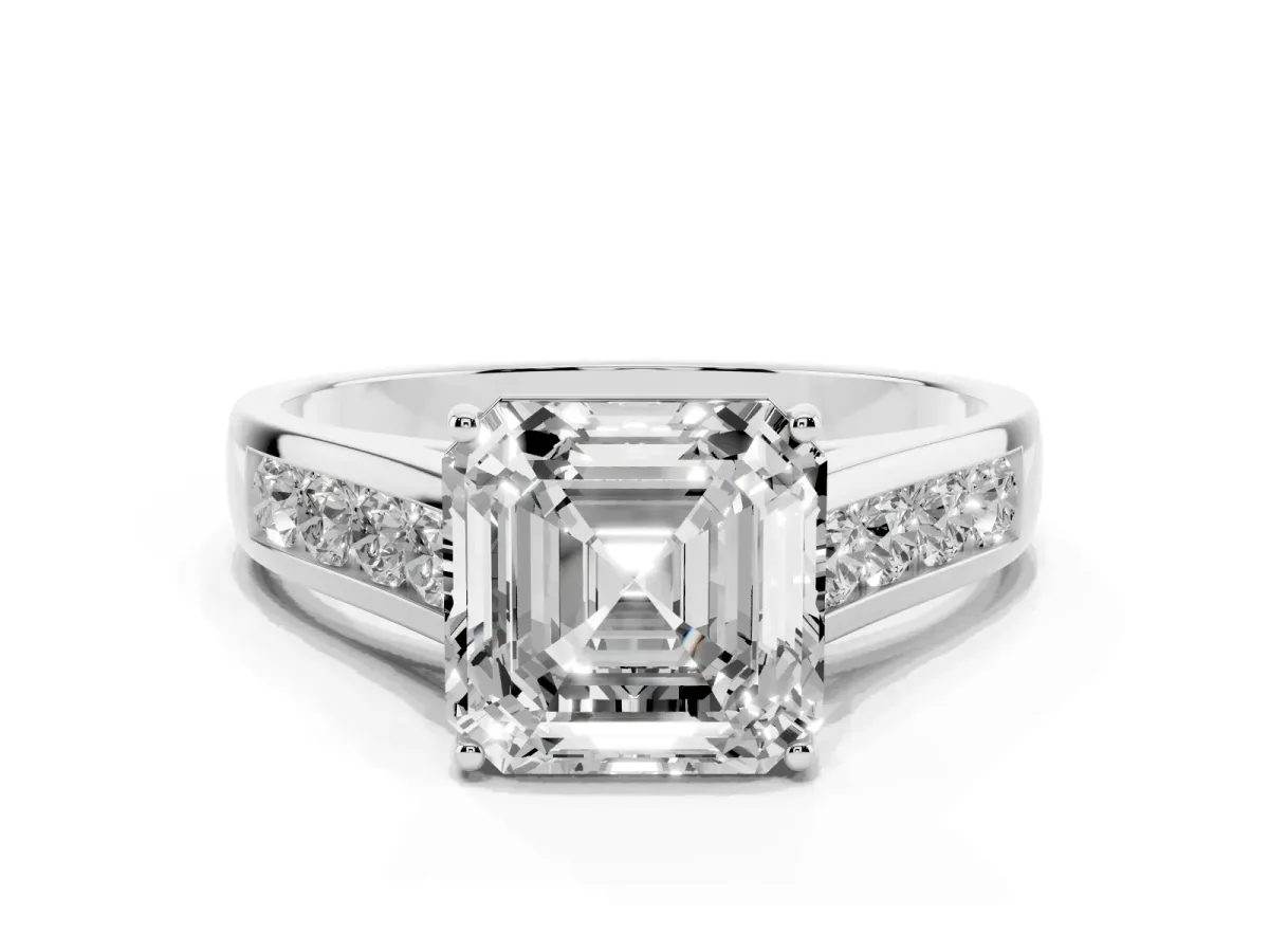 Asscher Cut Solitaire Channel-Set Diamond Engagement Ring with Four-Prong Setting Silver
