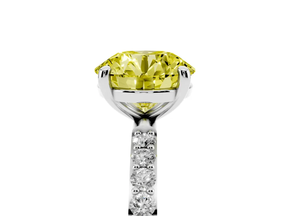 Fancy Yellow Round Cut Diamond Solitaire Ring with Round Pavé Band and Prong Setting Silver