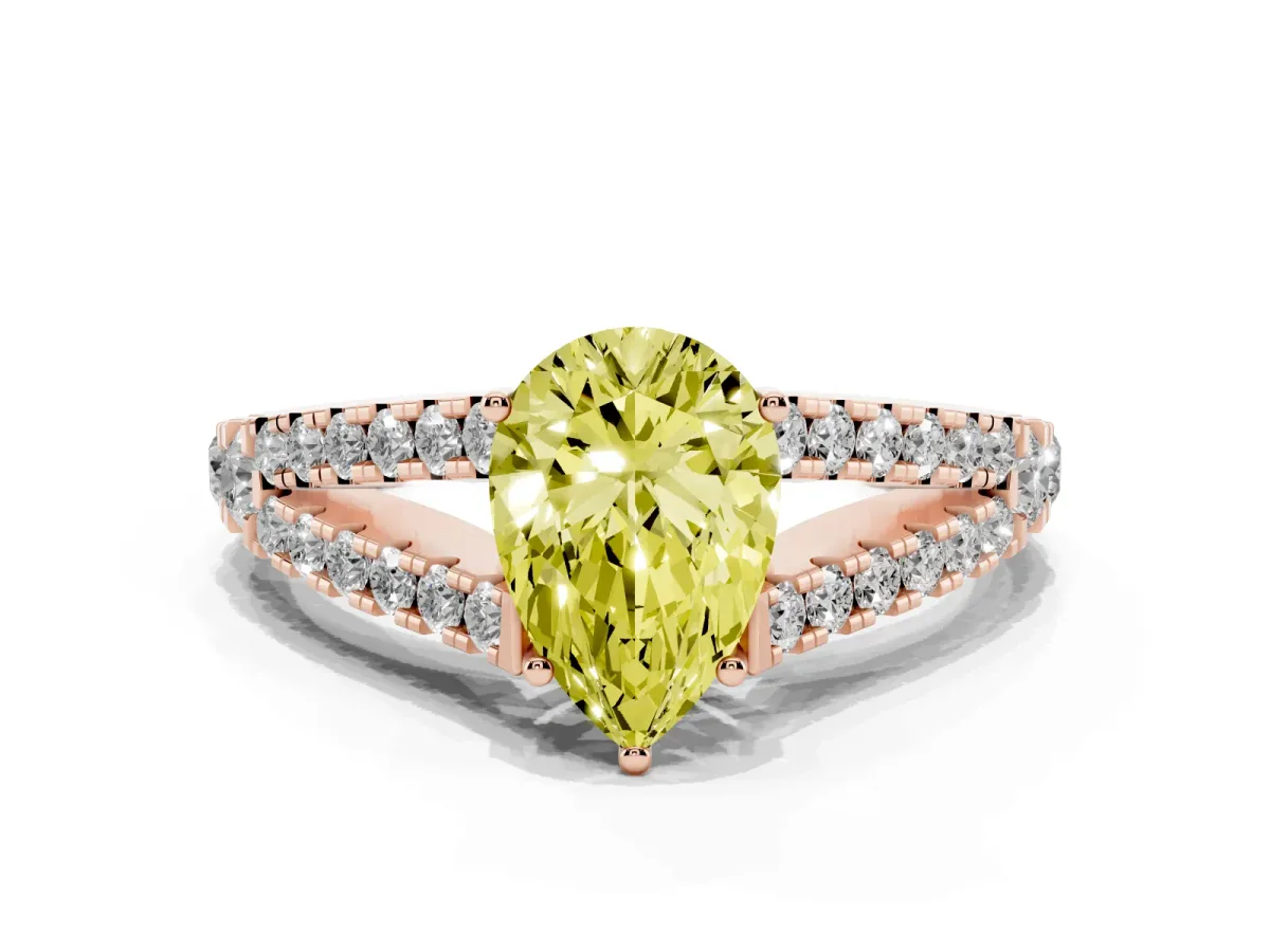 Fancy Yellow Pear Cut Diamond Split Shank Pavé Engagement Ring with Four-Prong Setting Rose gold