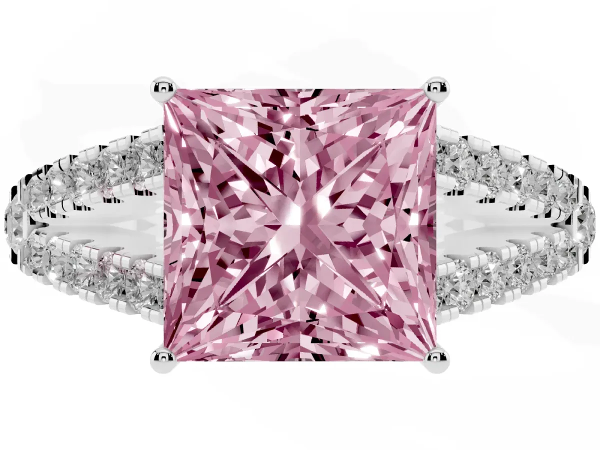 Fancy Pink Princess Cut Diamond Split Shank Pavé Engagement Ring with Four-Prong Setting Silver