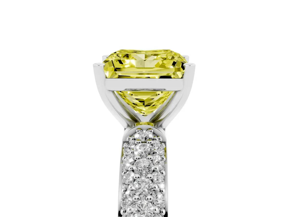 Fancy Yellow Princess Cut Diamond Solitaire Ring with Prong Setting and Pavé Band Silver