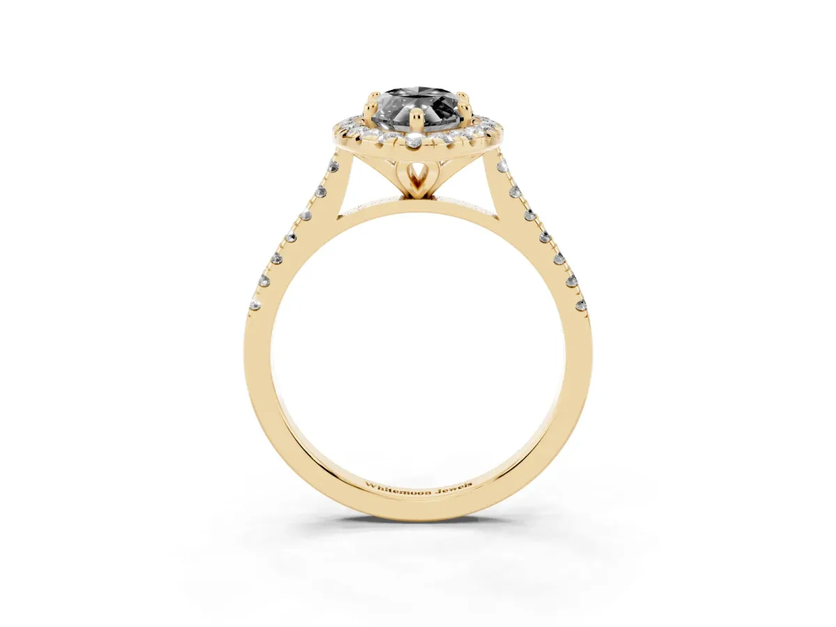 Fancy Black Marquise Cut Diamond Cushion Halo Ring with Pavé Band Yellow gold