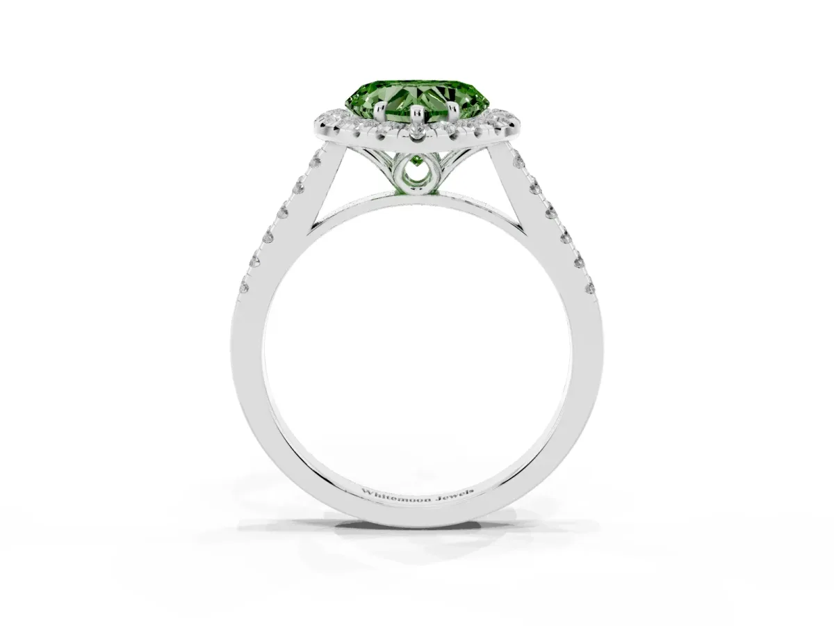 Fancy Green Heart Cut Halo Pavé Diamond Engagement Ring with Four-Prong Setting Silver