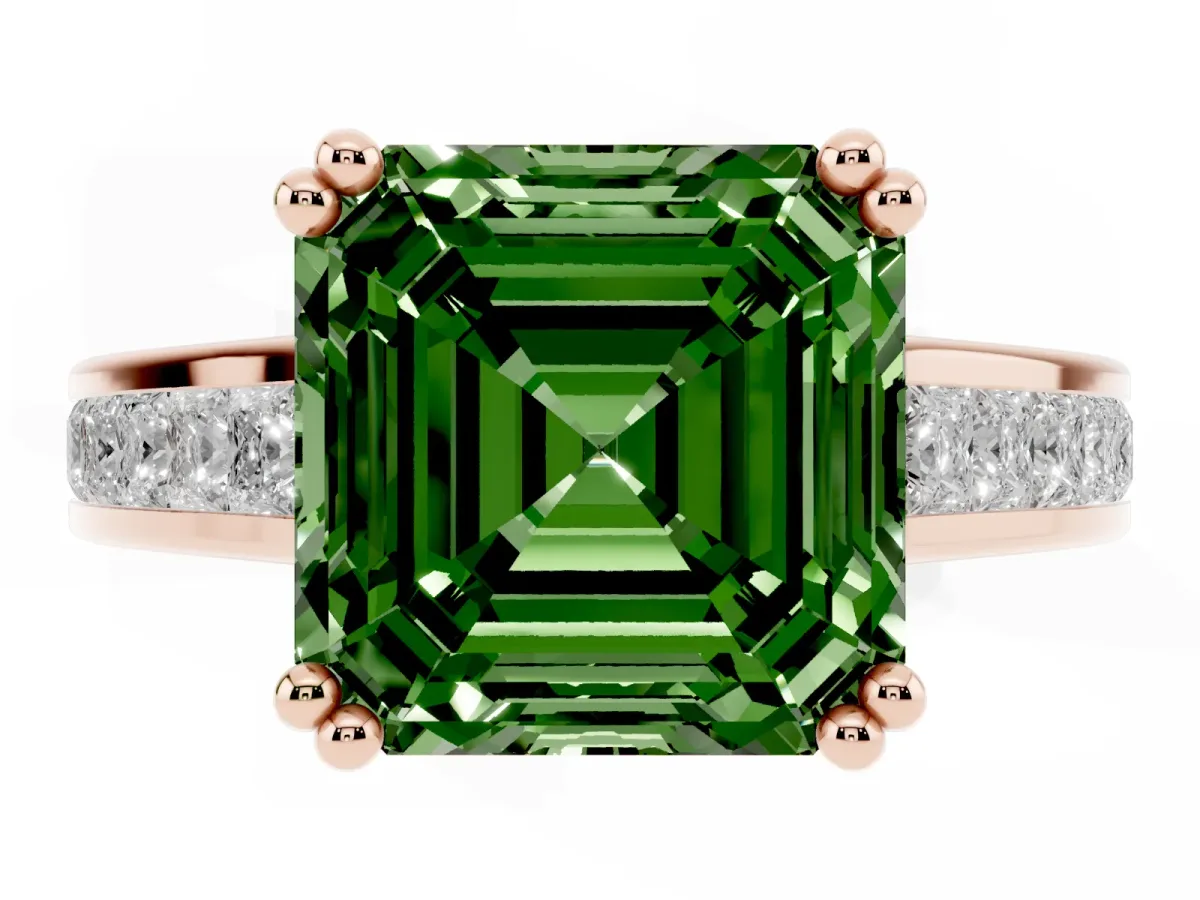Fancy Green Asscher Cut Cut Channel Set Solitaire Engagement Ring with Prong Setting Rose gold
