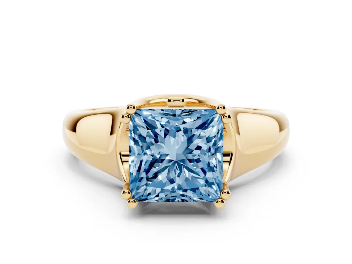 Fancy Blue Princess Cut Diamond Solitaire Ring with Wide Band and Prong Setting Yellow gold