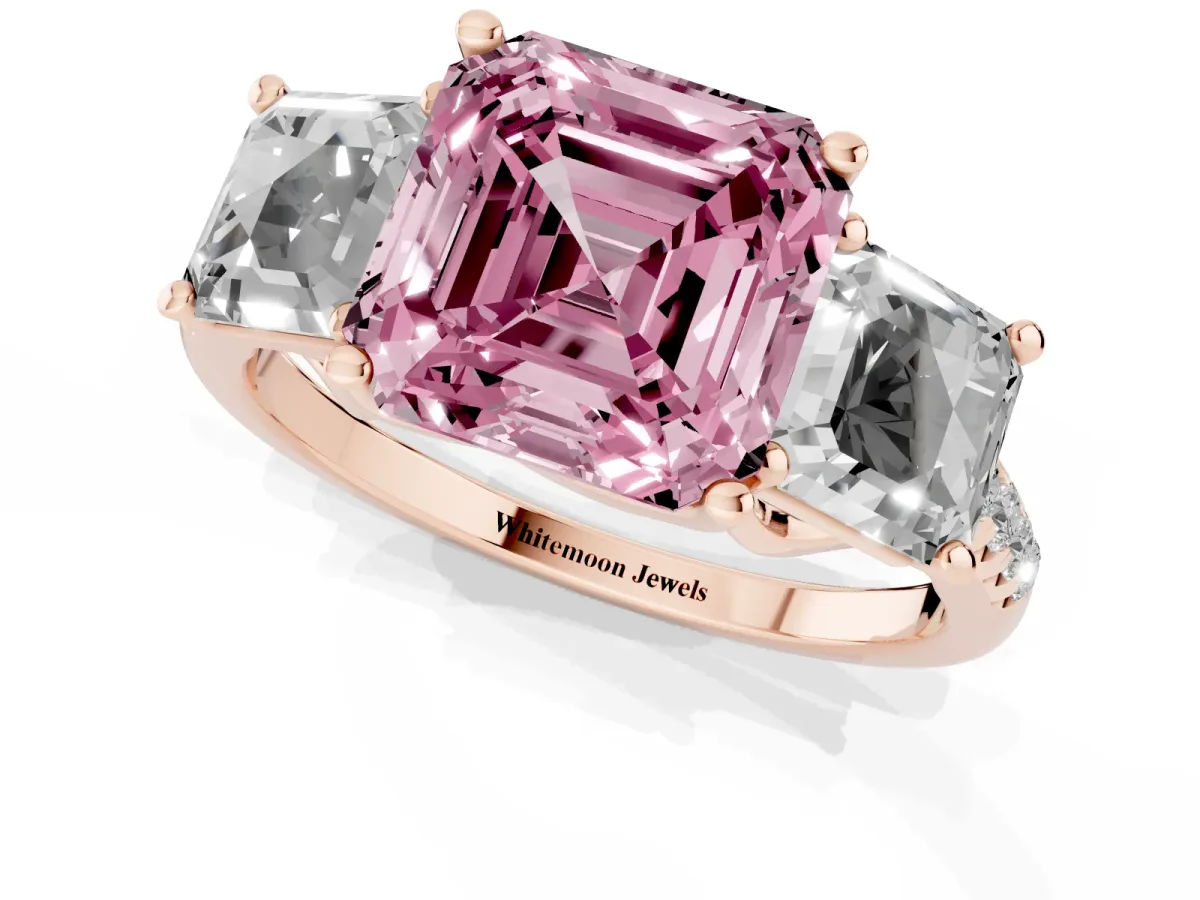Fancy Pink Three-Stone Asscher Cut Diamond Ring with Round Pavé Band and Prong Setting Rose gold