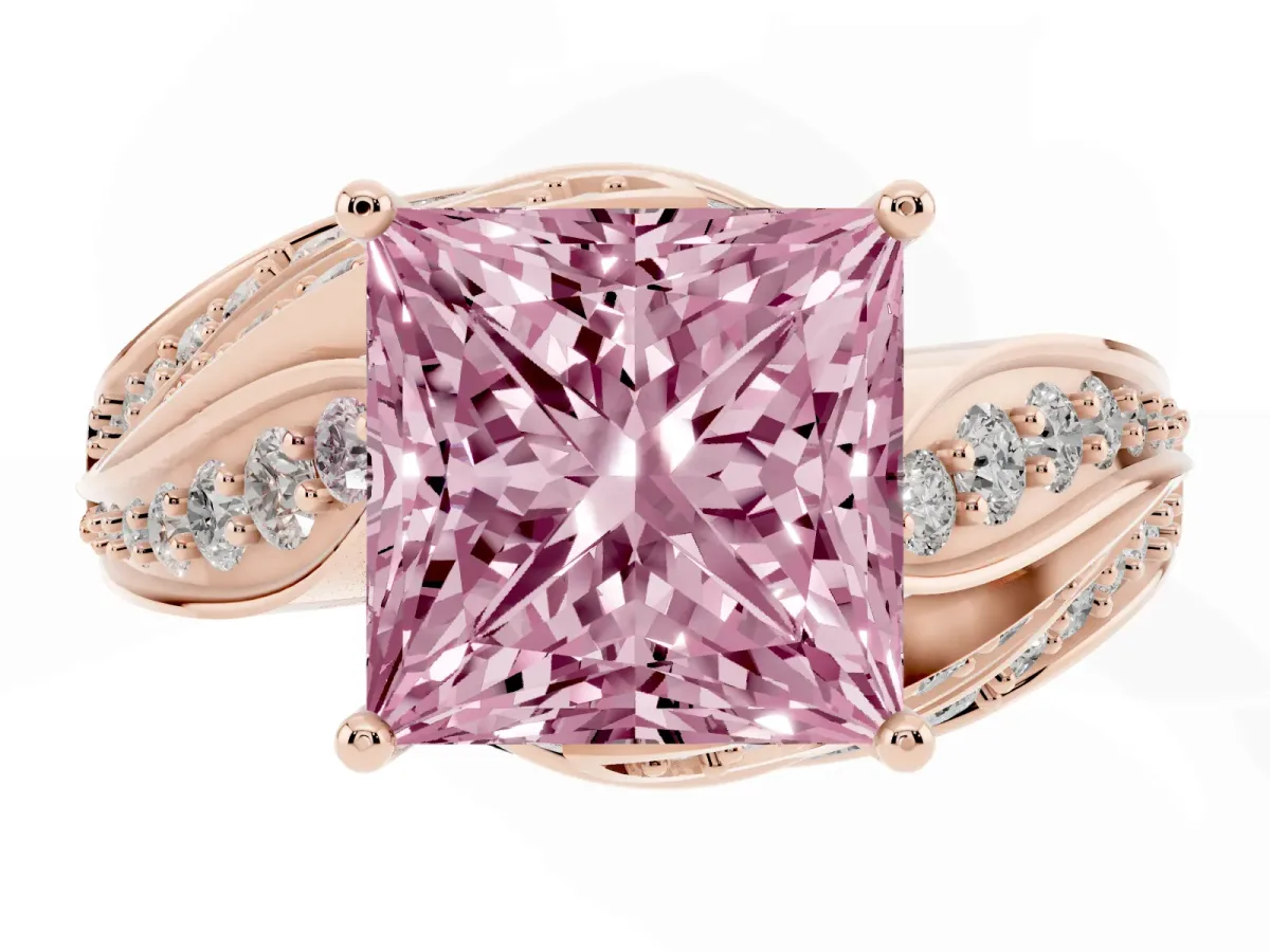 Fancy Pink Princess Cut Diamond Solitaire Ring with Prong Setting and Twisted Pavé Band Rose gold