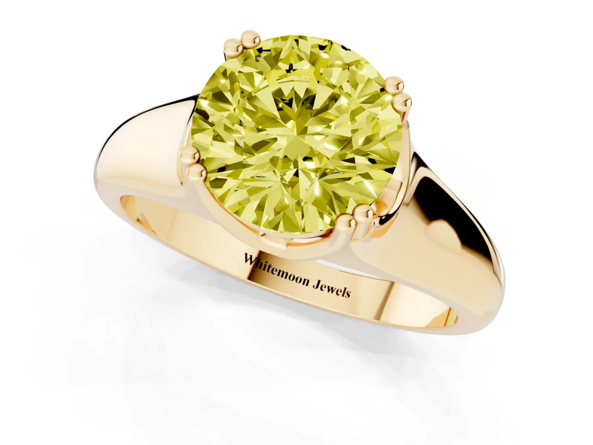 Fancy Yellow Round Cut Diamond Solitaire Ring with Wide Band and Prong Setting Yellow gold