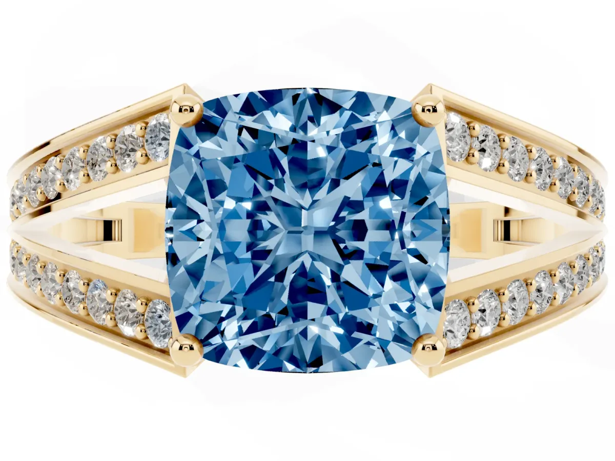 Fancy Blue Cushion Cut Diamond Split Shank Ring with Pavé Band and Four-Prong Setting Yellow gold