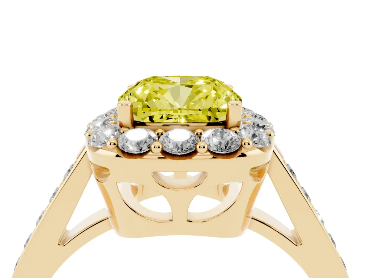 Fancy Yellow Cushion Cut Diamond Floral Halo Ring with Pavé Band and Prong Setting Yellow gold