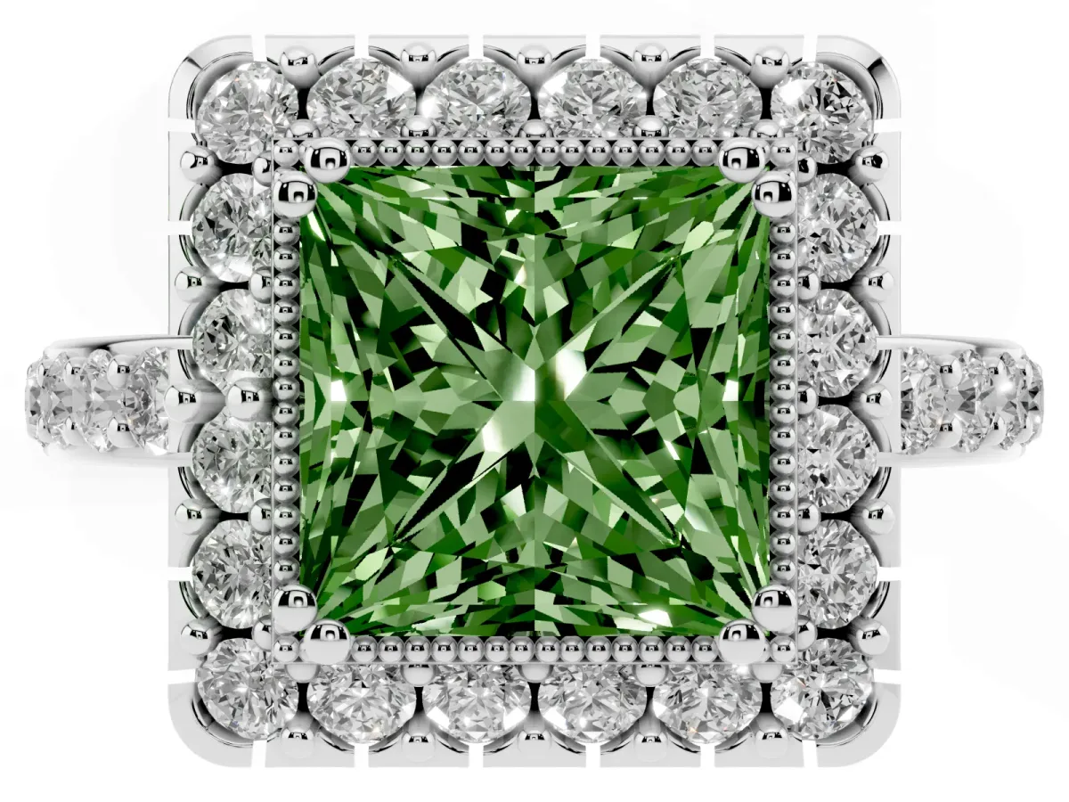Fancy Green Princess Cut Diamond Halo Ring with Pavé Band and Prong Setting White gold