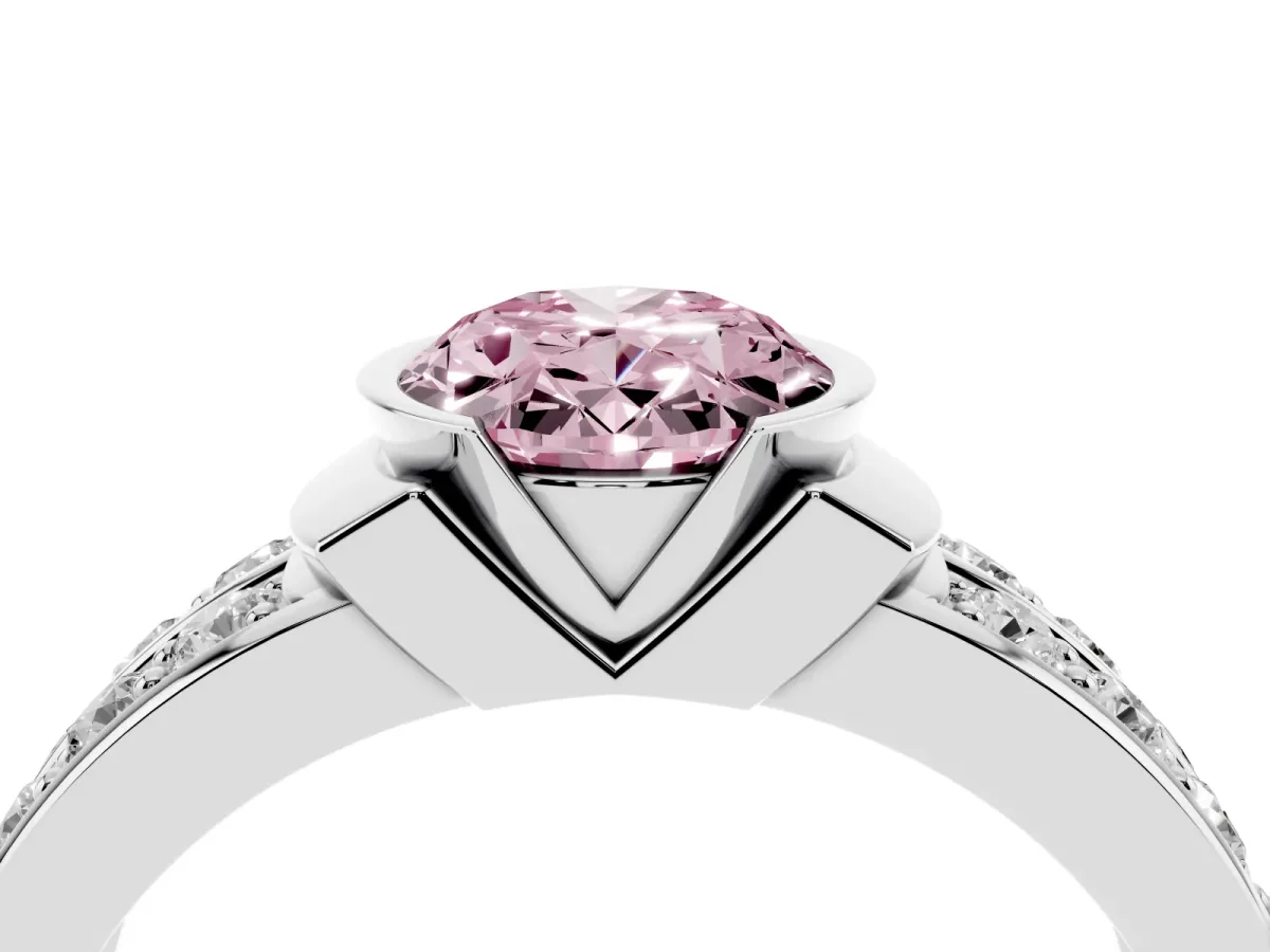 Fancy Pink Oval Cut Brilliant Diamond Channel Set Wide Band Ring with Bezel Setting Silver
